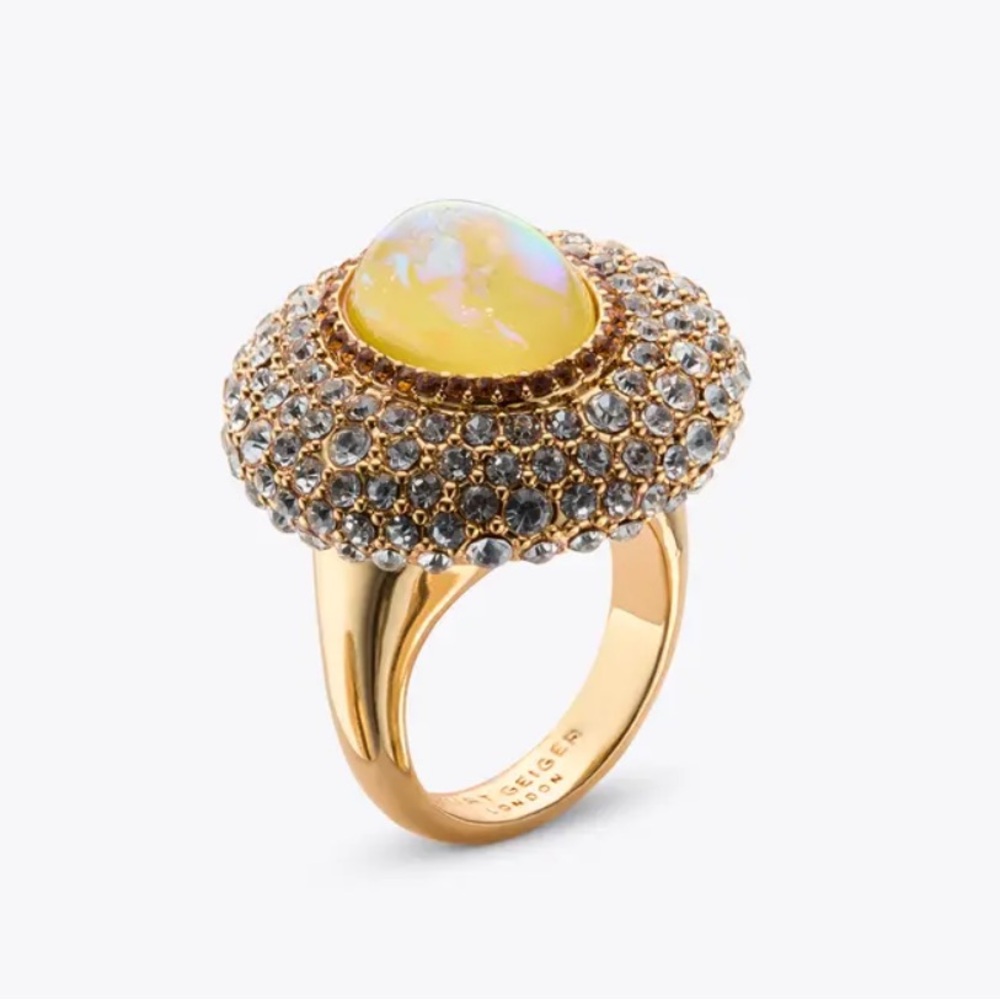 Kurt Geiger Gold Ring with Opal Cabochon and Clear Crystals